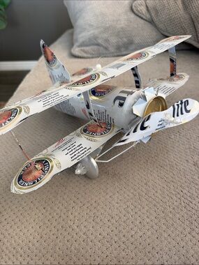 Handcrafted Beer Can Biplane Sculpture - White